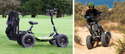 Left pic of 4-wheeled black frame with geen footrest, telescopic seat and handlebars with golf bag attached to back. Rt pic of person with green helmet riding this 4-wheeler in sand dunes
