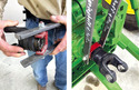Left pic of hands holding Homemade PTO Decoupler. Rt pic of Homemade PTO Decoupler attached to tractor PTO.